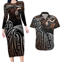 Aotearoa Maori - Australia Indigenous Couples Matching Long Sleeve Bodycon Dress and Hawaiian Shirt Koiri Whakairo Mix Aboriginal Art - Polynesian Pride