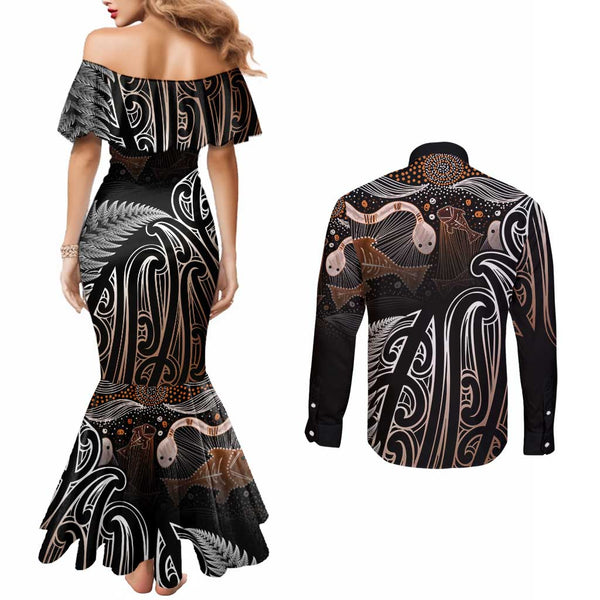 Aotearoa New Zealand Couples Matching Mermaid Dress and Long Sleeve Button Shirts Silver Fern and Matau with Maori Tribal Pink Style LT03 main image 0