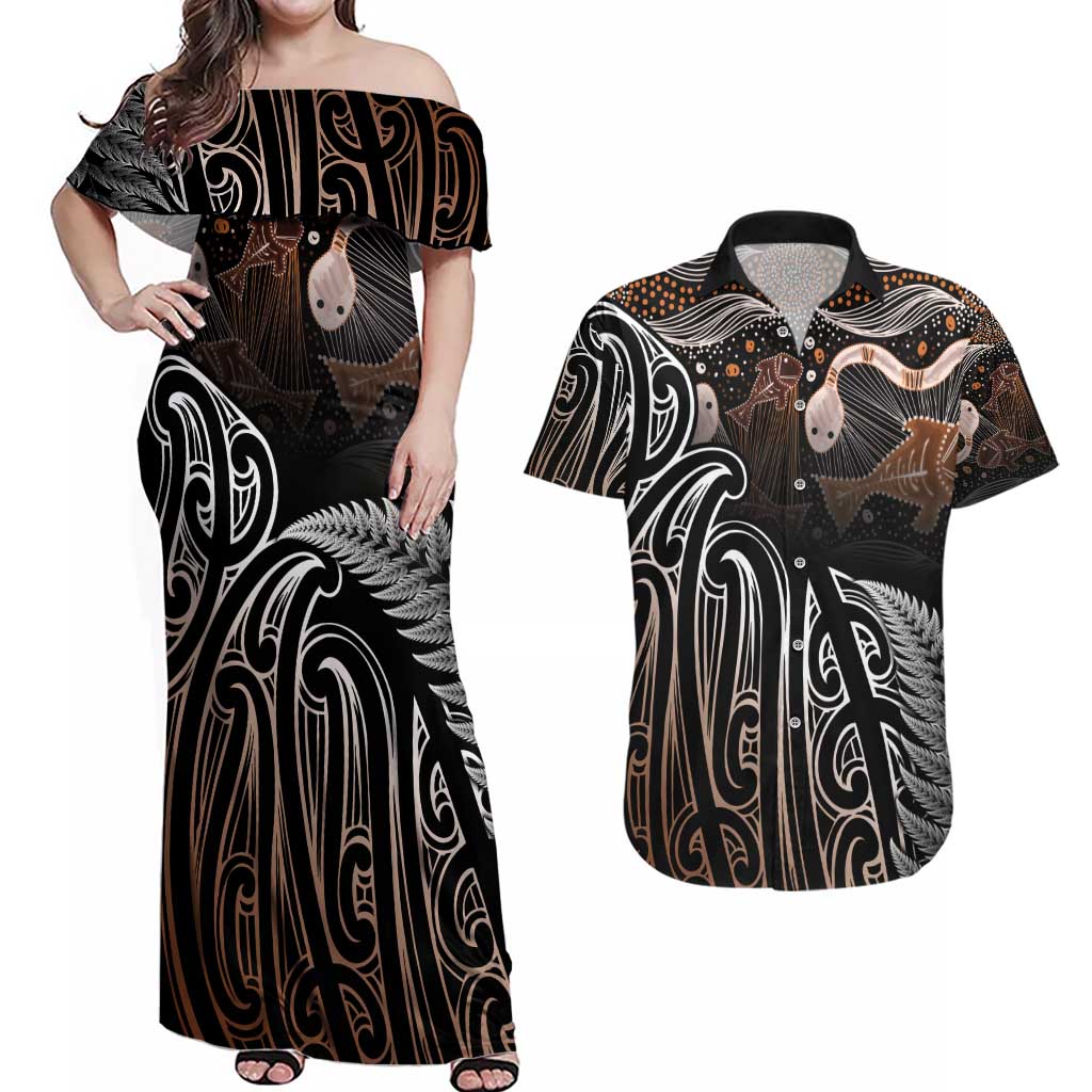 Aotearoa Maori - Australia Indigenous Couples Matching Off Shoulder Maxi Dress and Hawaiian Shirt Koiri Whakairo Mix Aboriginal Art - Polynesian Pride