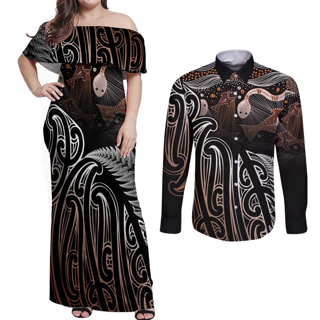 Aotearoa Maori - Australia Indigenous Couples Matching Off Shoulder Maxi Dress and Long Sleeve Button Shirt Koiri Whakairo Mix Aboriginal Art - Polynesian Pride