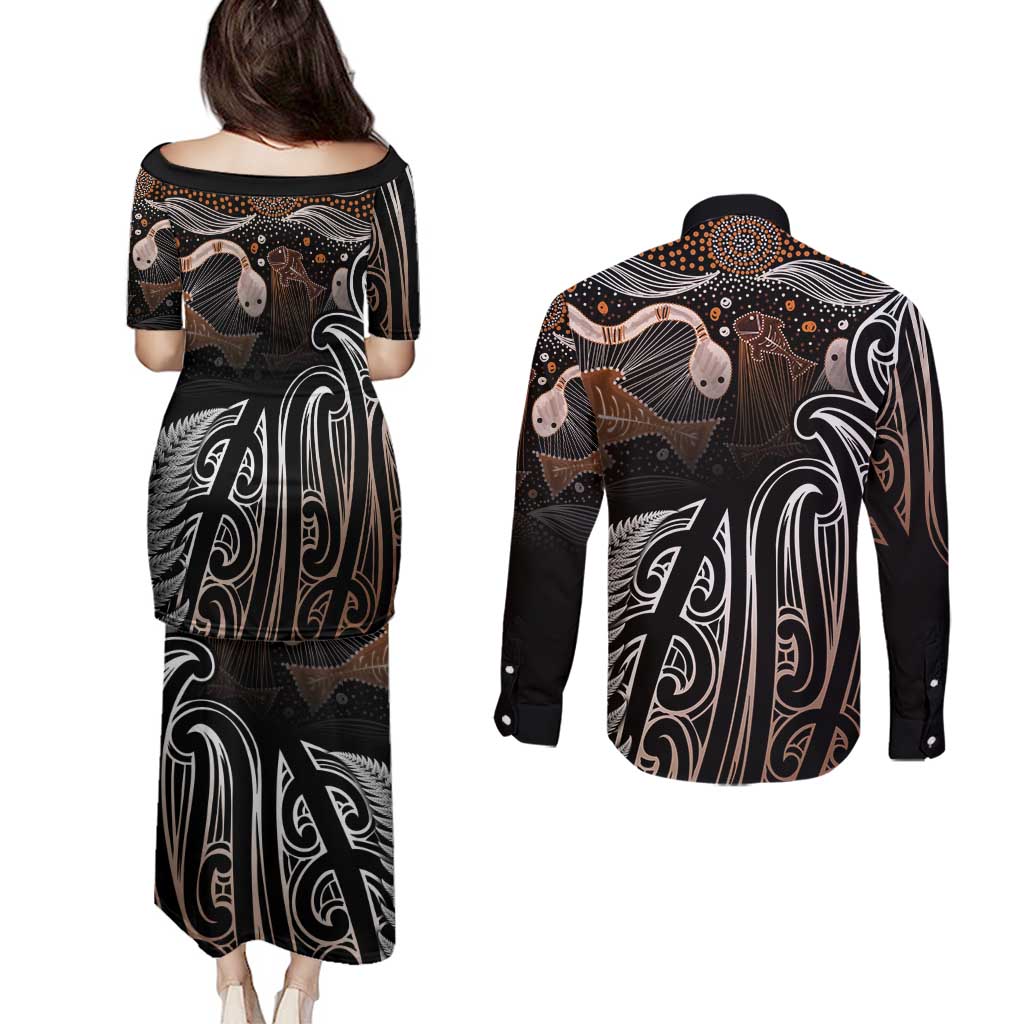 Aotearoa Maori - Australia Indigenous Couples Matching Puletasi and Long Sleeve Button Shirt Koiri Whakairo Mix Aboriginal Art - Polynesian Pride