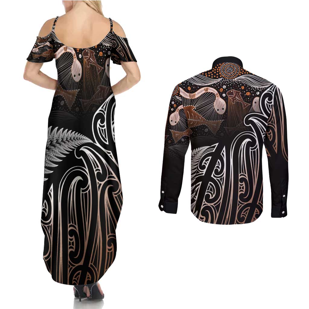Aotearoa Maori - Australia Indigenous Couples Matching Summer Maxi Dress and Long Sleeve Button Shirt Koiri Whakairo Mix Aboriginal Art - Polynesian Pride