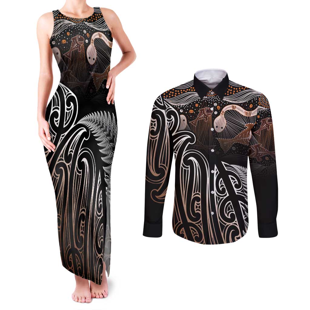 Aotearoa Maori - Australia Indigenous Couples Matching Tank Maxi Dress and Long Sleeve Button Shirt Koiri Whakairo Mix Aboriginal Art - Polynesian Pride
