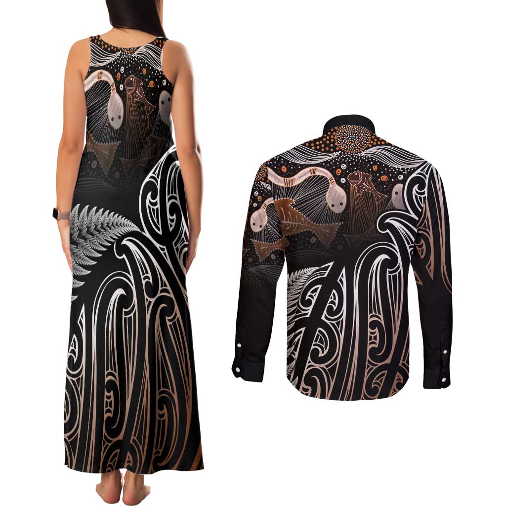 Aotearoa Maori - Australia Indigenous Couples Matching Tank Maxi Dress and Long Sleeve Button Shirt Koiri Whakairo Mix Aboriginal Art - Polynesian Pride