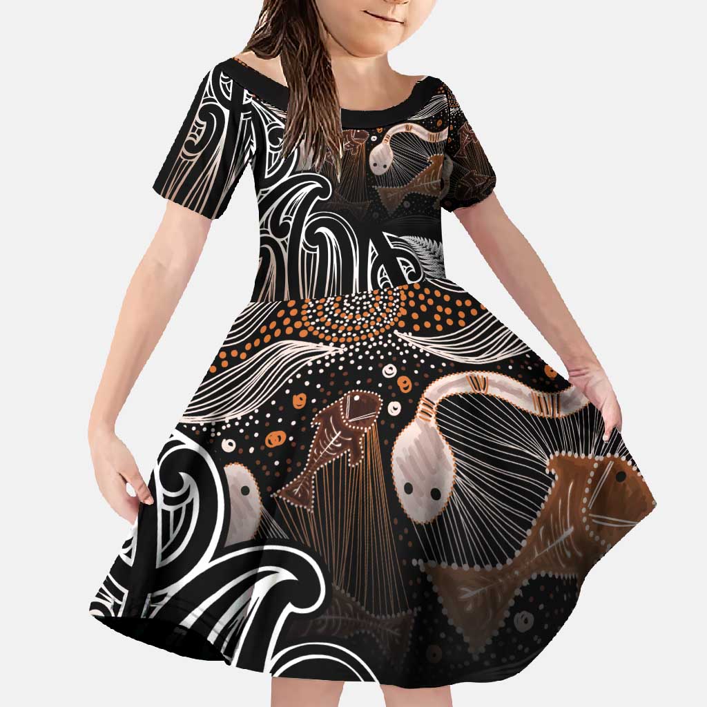 Aotearoa Maori - Australia Indigenous Family Matching Mermaid Dress and Hawaiian Shirt Koiri Whakairo Mix Aboriginal Art LT7 Daughter's Dress Brown - Polynesian Pride