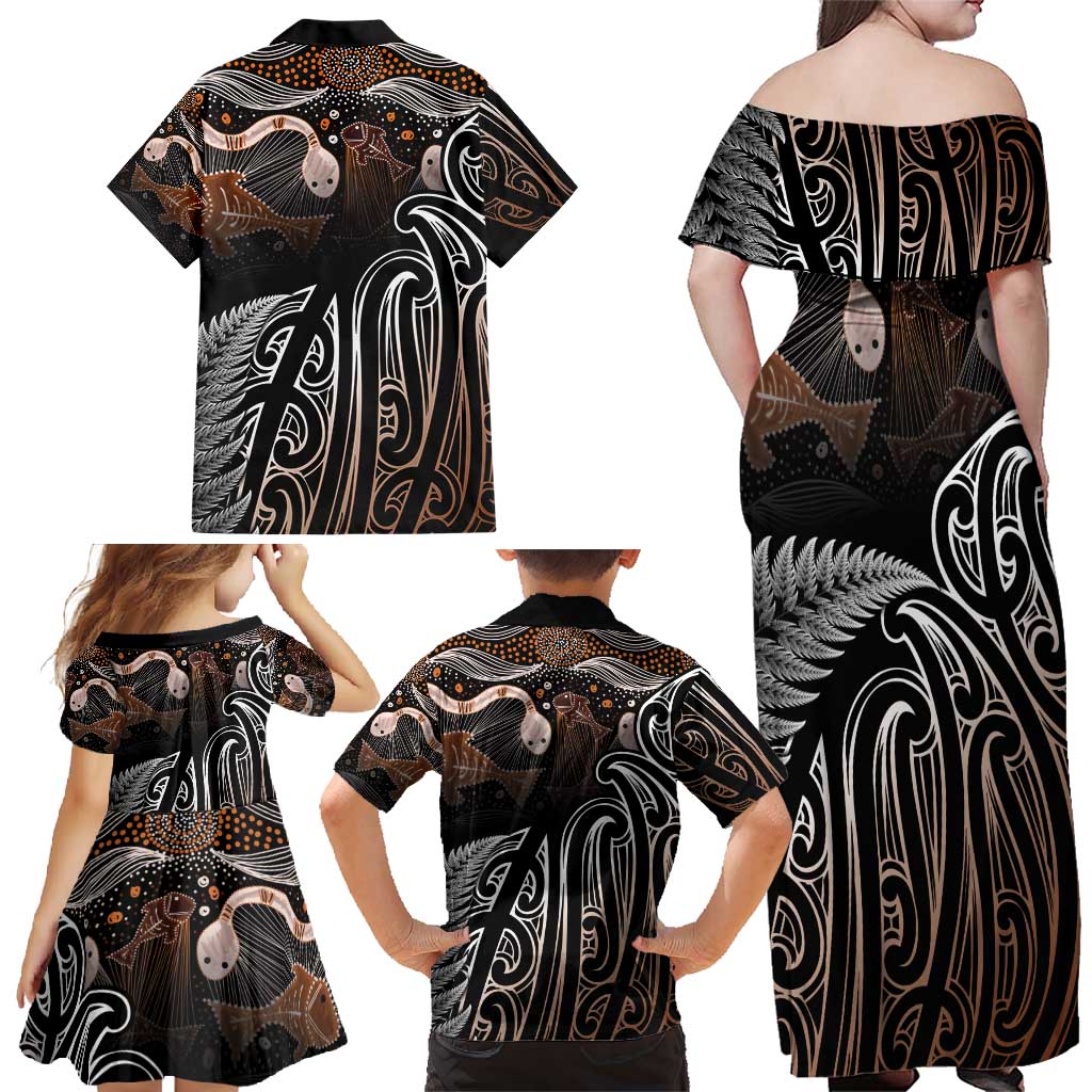 Aotearoa Maori - Australia Indigenous Family Matching Off Shoulder Maxi Dress and Hawaiian Shirt Koiri Whakairo Mix Aboriginal Art - Polynesian Pride