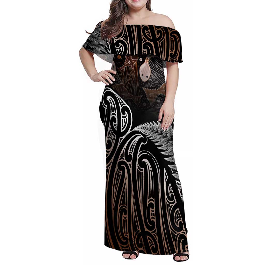 Aotearoa Maori - Australia Indigenous Family Matching Off Shoulder Maxi Dress and Hawaiian Shirt Koiri Whakairo Mix Aboriginal Art - Polynesian Pride