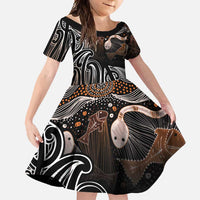 Aotearoa Maori - Australia Indigenous Family Matching Short Sleeve Bodycon Dress and Hawaiian Shirt Koiri Whakairo Mix Aboriginal Art LT7 Daughter's Dress Brown - Polynesian Pride