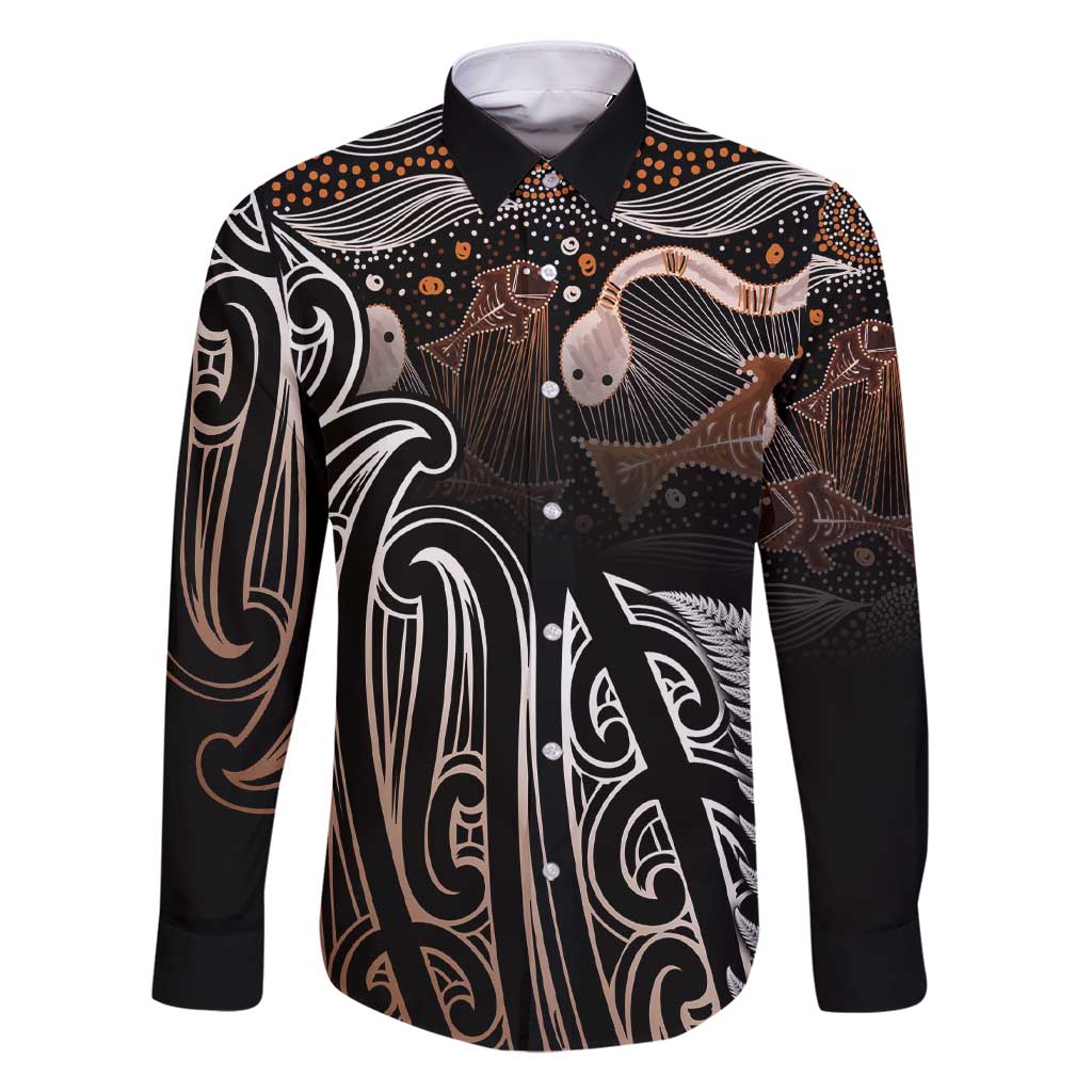 Aotearoa Maori - Australia Indigenous Family Matching Short Sleeve Bodycon Dress and Hawaiian Shirt Koiri Whakairo Mix Aboriginal Art LT7 Dad's Shirt - Long Sleeve Brown - Polynesian Pride