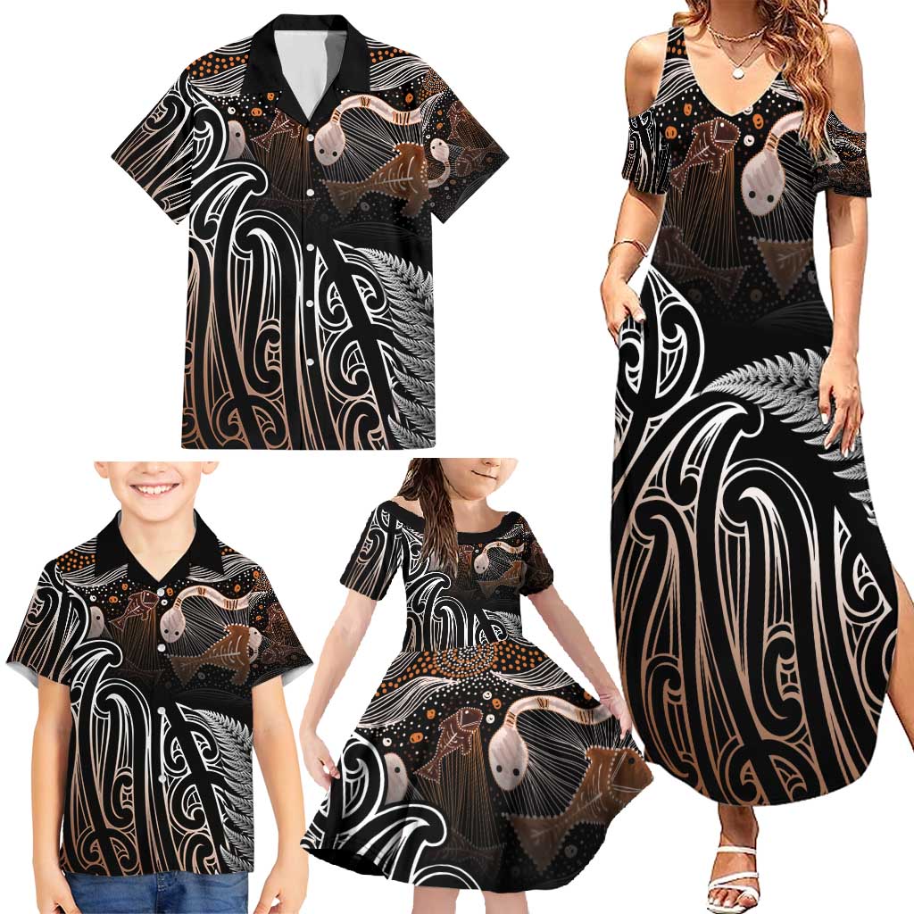 Aotearoa Maori - Australia Indigenous Family Matching Summer Maxi Dress and Hawaiian Shirt Koiri Whakairo Mix Aboriginal Art - Polynesian Pride
