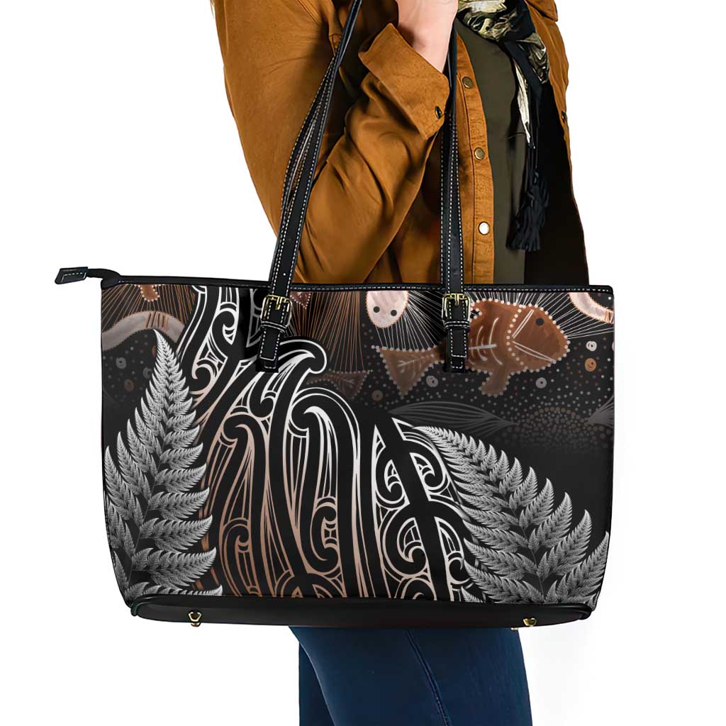 Aotearoa Maori - Australia Indigenous Leather Tote Bag Koiri Whakairo Mix Aboriginal Art - Polynesian Pride