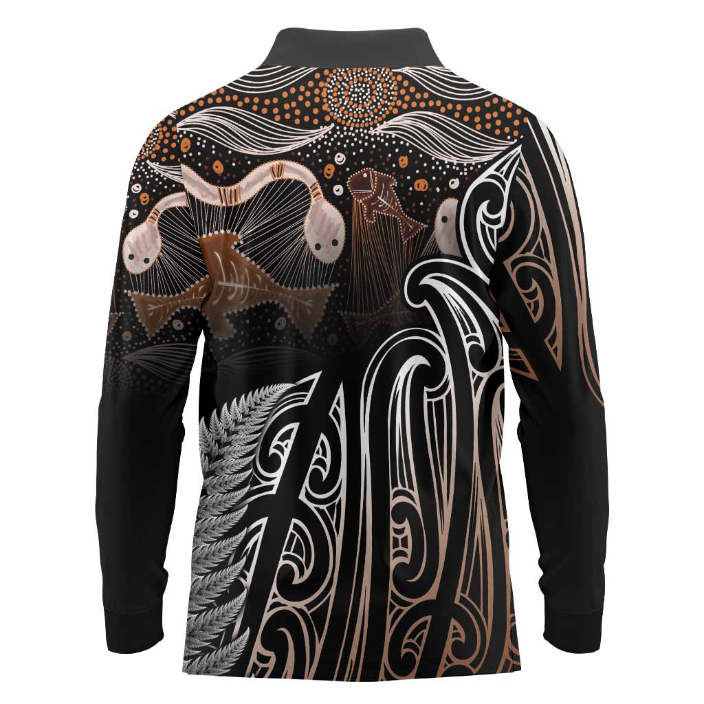 Aotearoa Maori - Australia Indigenous Long Sleeve Polo Shirt Koiri Whakairo Mix Aboriginal Art - Polynesian Pride