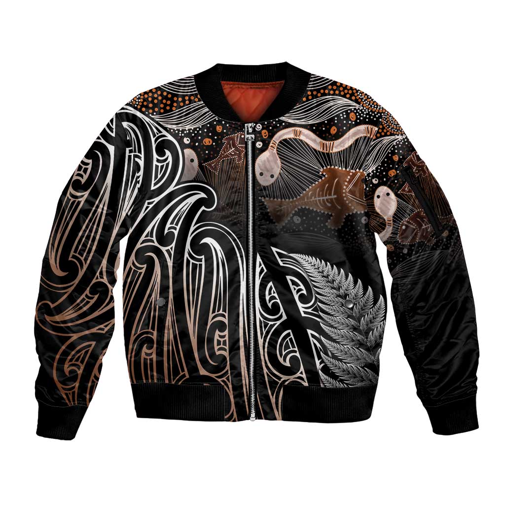 Aotearoa Maori - Australia Indigenous Sleeve Zip Bomber Jacket Koiri Whakairo Mix Aboriginal Art - Polynesian Pride