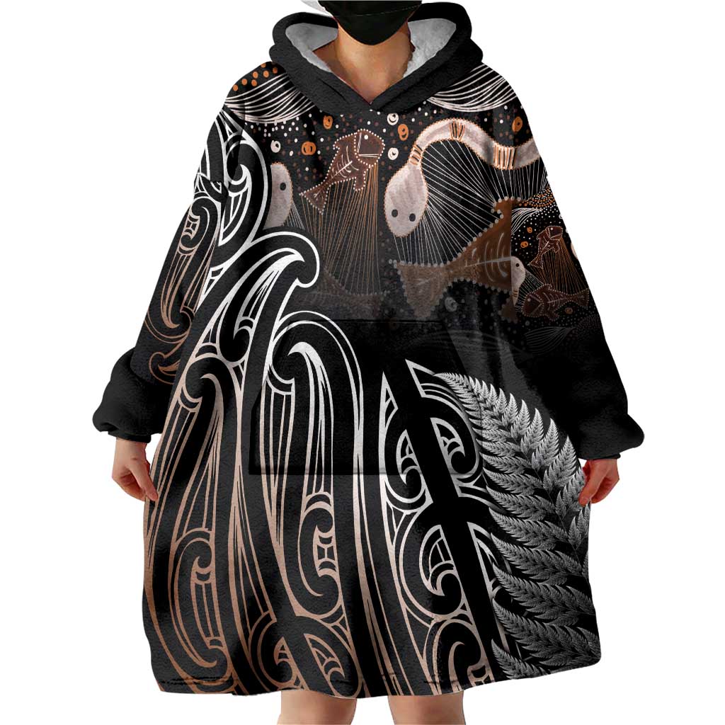 Aotearoa Maori - Australia Indigenous Wearable Blanket Hoodie Koiri Whakairo Mix Aboriginal Art - Polynesian Pride