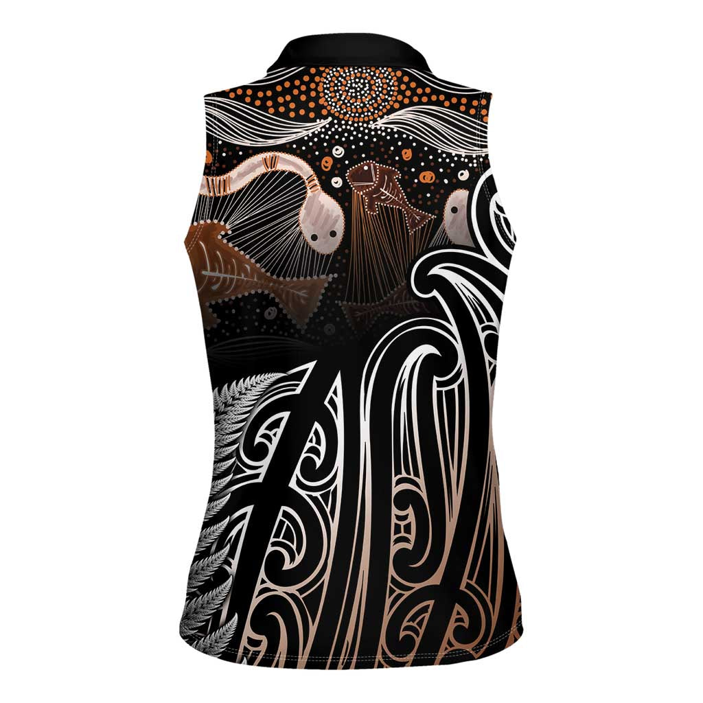 Aotearoa Maori - Australia Indigenous Women Sleeveless Polo Shirt Koiri Whakairo Mix Aboriginal Art - Polynesian Pride