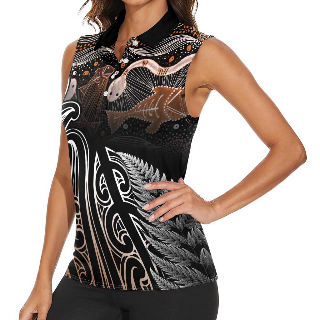 Aotearoa Maori - Australia Indigenous Women Sleeveless Polo Shirt Koiri Whakairo Mix Aboriginal Art - Polynesian Pride