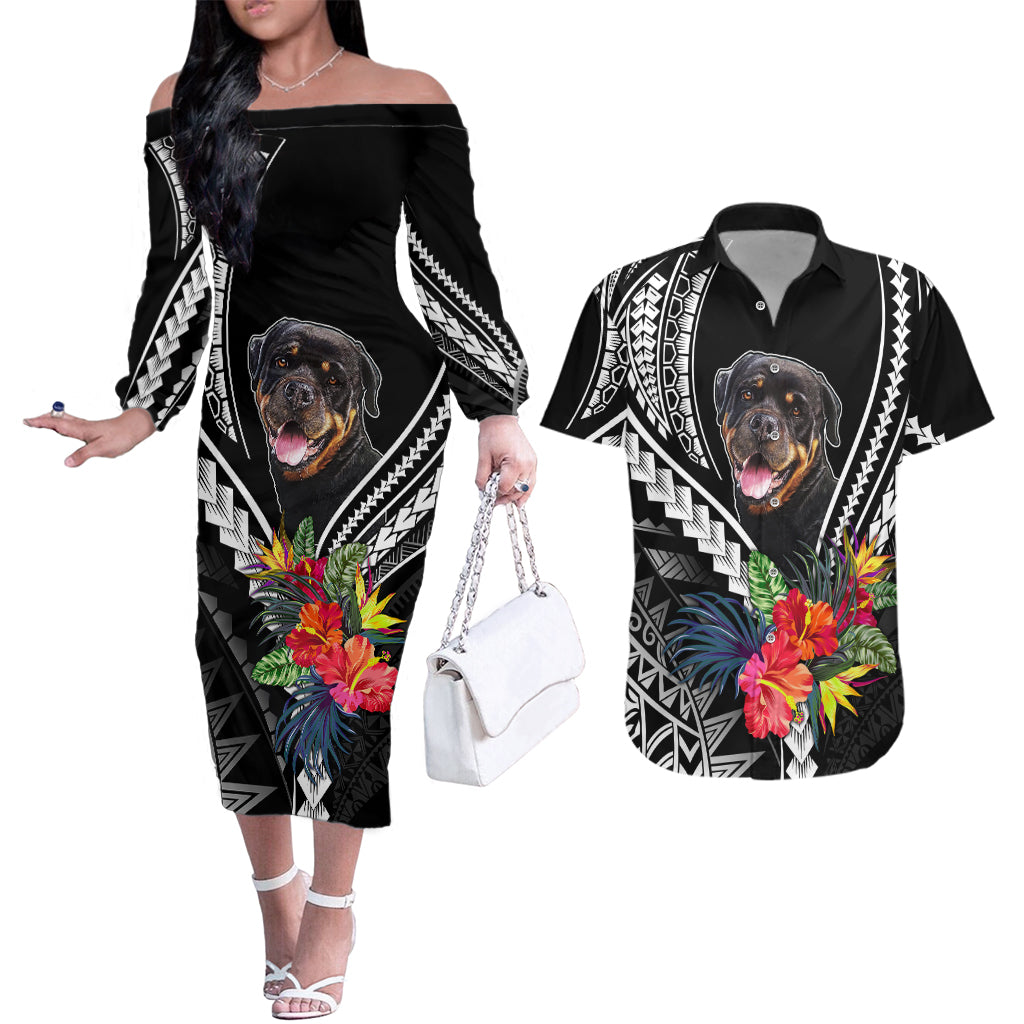 Personalised Polynesian Dog Couples Matching Off The Shoulder Long Sleeve Dress and Hawaiian Shirt Rottweiler With Polynesia Pattern Curve Style LT7 Black - Polynesian Pride