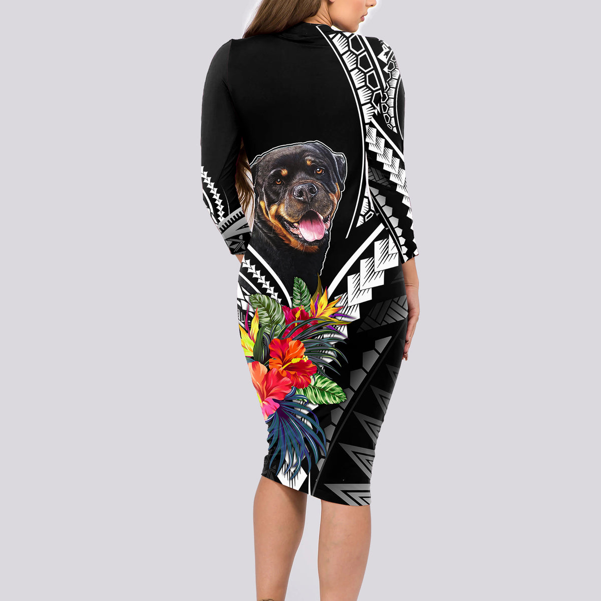 Personalised Polynesian Dog Long Sleeve Bodycon Dress Rottweiler With Polynesia Pattern Curve Style LT7 - Polynesian Pride