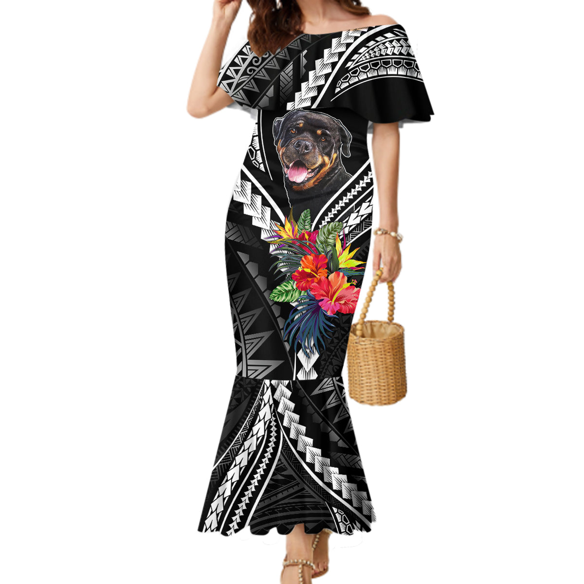 Personalised Polynesian Dog Mermaid Dress Rottweiler With Polynesia Pattern Curve Style LT7 Women Black - Polynesian Pride