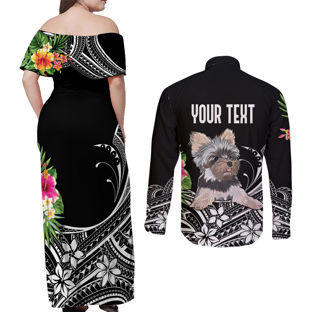 Personalised Polynesian Couples Matching Off Shoulder Maxi Dress and Long Sleeve Button Shirts With Yorkshire Terrier Floral Style LT7 - Polynesian Pride