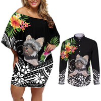 Personalised Polynesian Couples Matching Off Shoulder Short Dress and Long Sleeve Button Shirts With Yorkshire Terrier Floral Style LT7 Black - Polynesian Pride