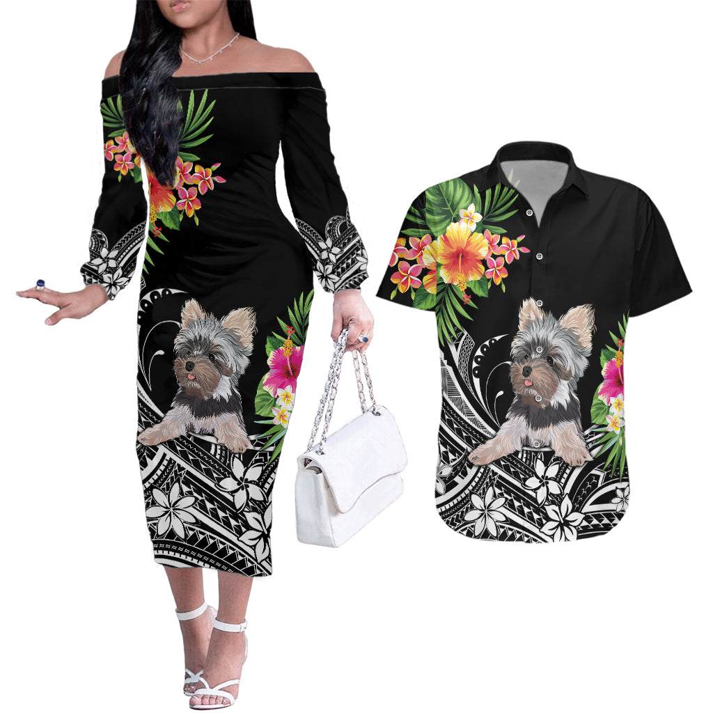 Personalised Polynesian Couples Matching Off The Shoulder Long Sleeve Dress and Hawaiian Shirt With Yorkshire Terrier Floral Style LT7 Black - Polynesian Pride
