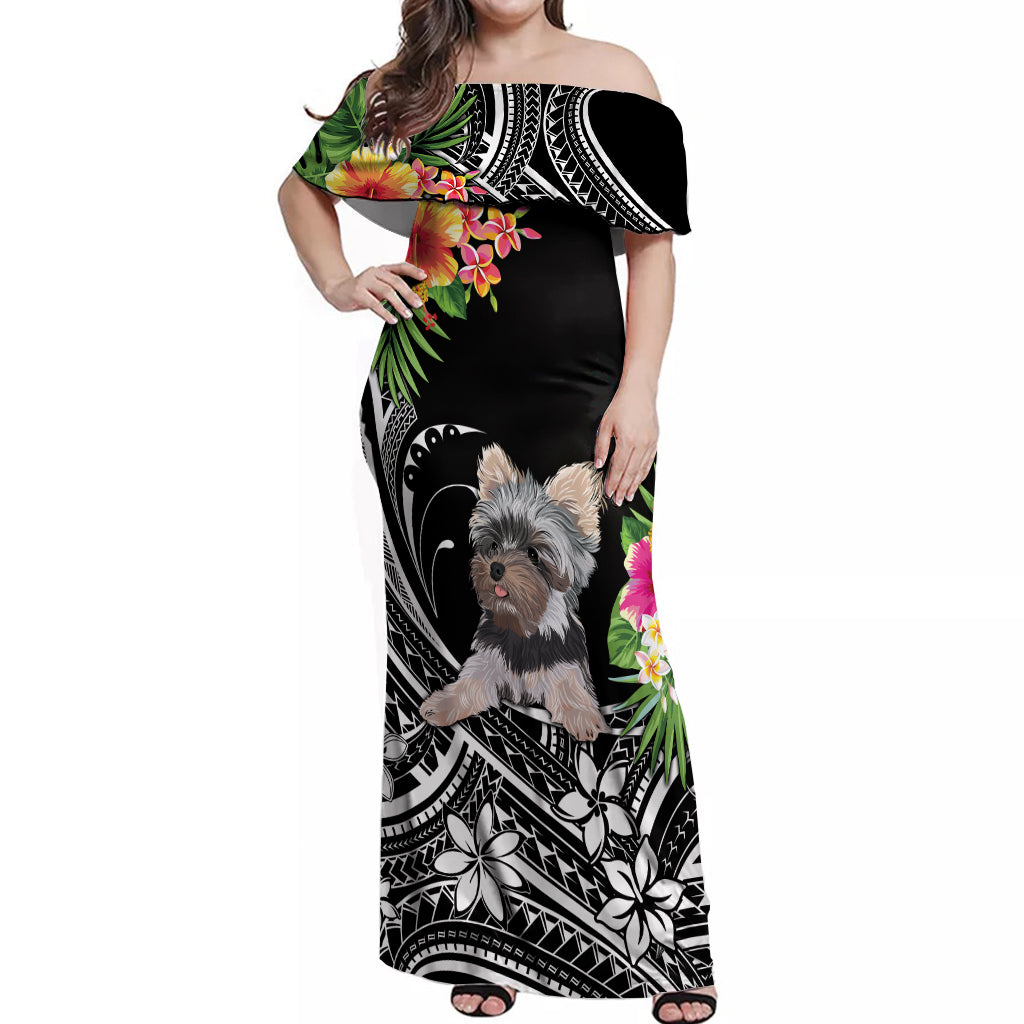 Personalised Polynesian Off Shoulder Maxi Dress With Yorkshire Terrier Floral Style LT7 Women Black - Polynesian Pride