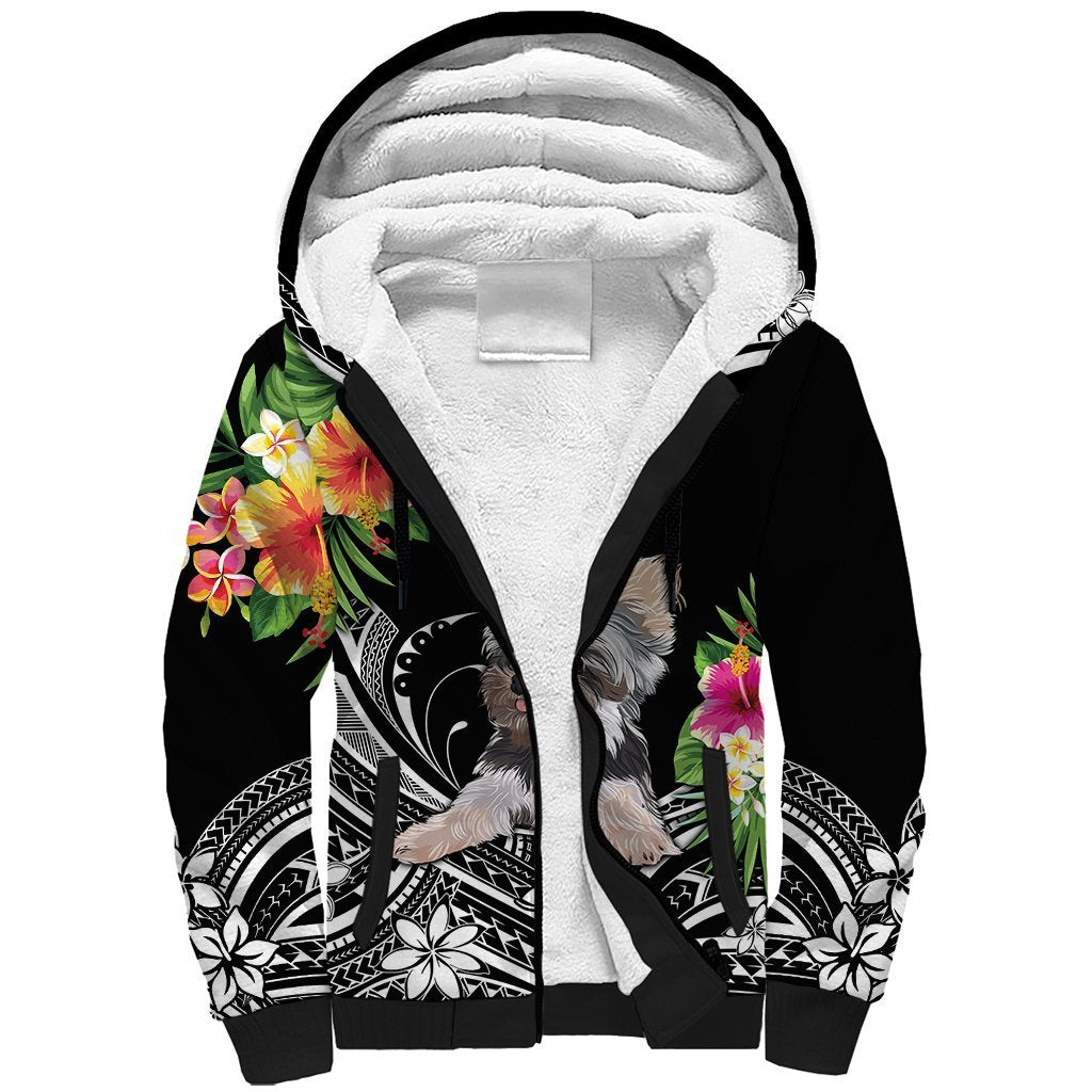 Personalised Polynesian Sherpa Hoodie With Yorkshire Terrier Floral Style LT7 Unisex Black - Polynesian Pride