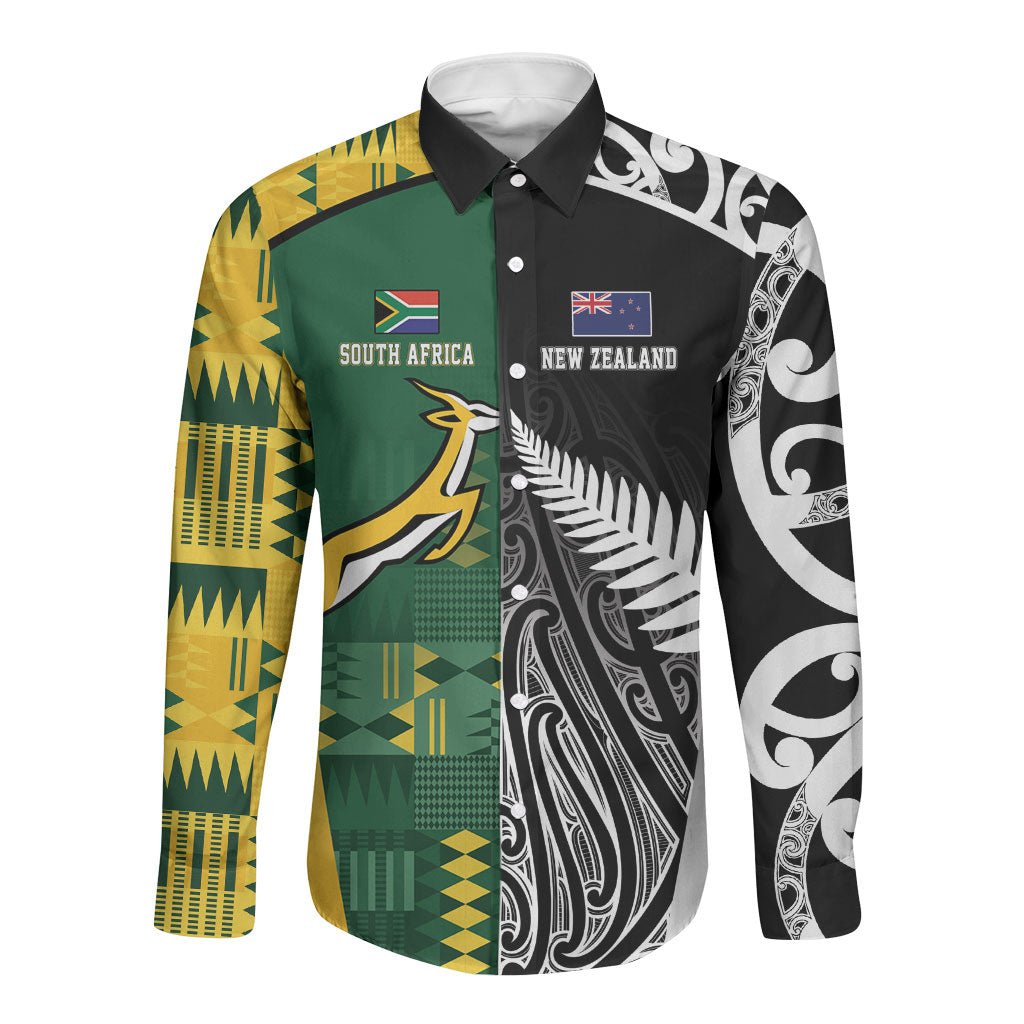 Custom Rugby South Africa New Zealand Greatest Rivals Long Sleeve Button Shirt Tribal Motifs LT7 Unisex Multicolor - Polynesian Pride