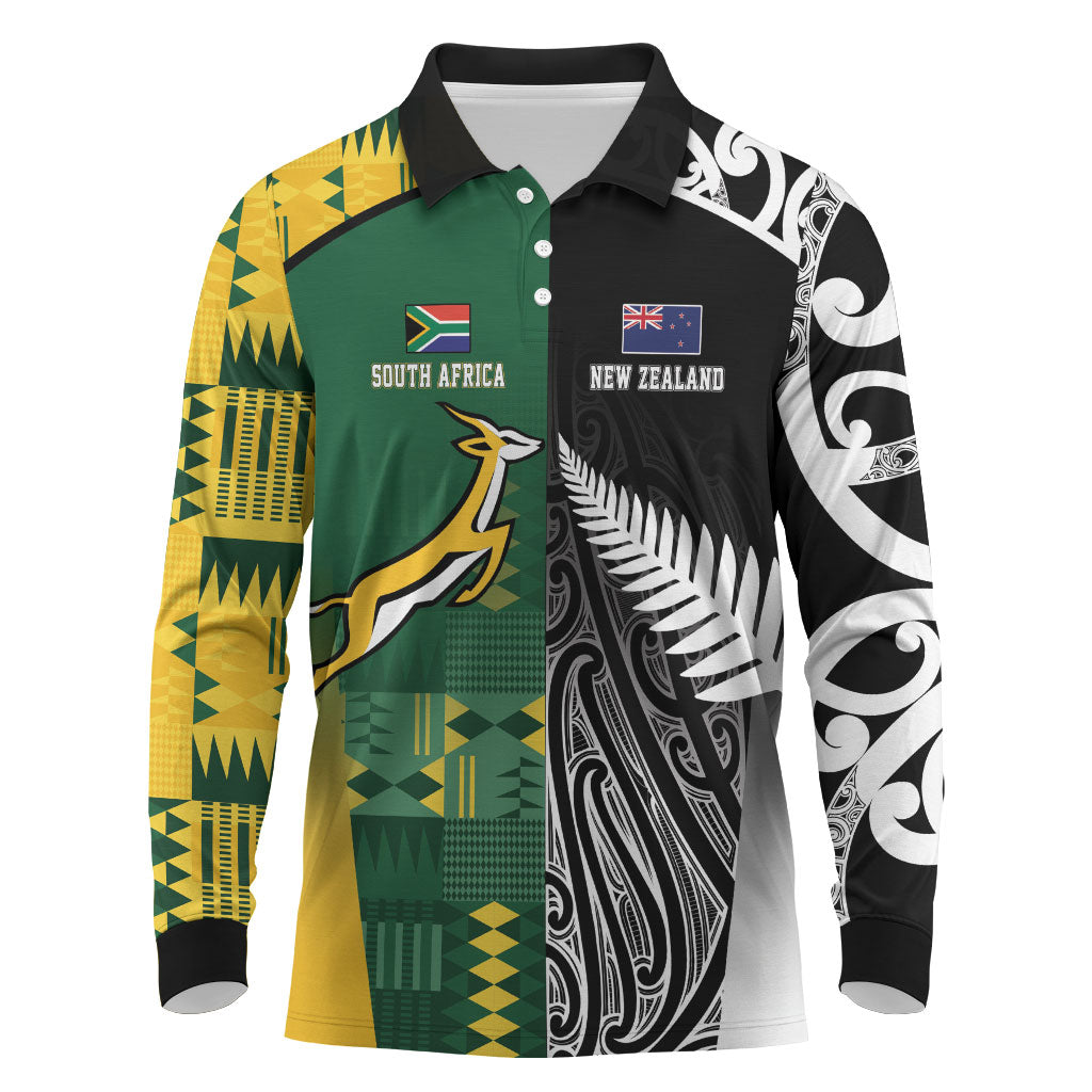 Custom Rugby South Africa New Zealand Greatest Rivals Long Sleeve Polo Shirt Tribal Motifs LT7 Multicolor - Polynesian Pride