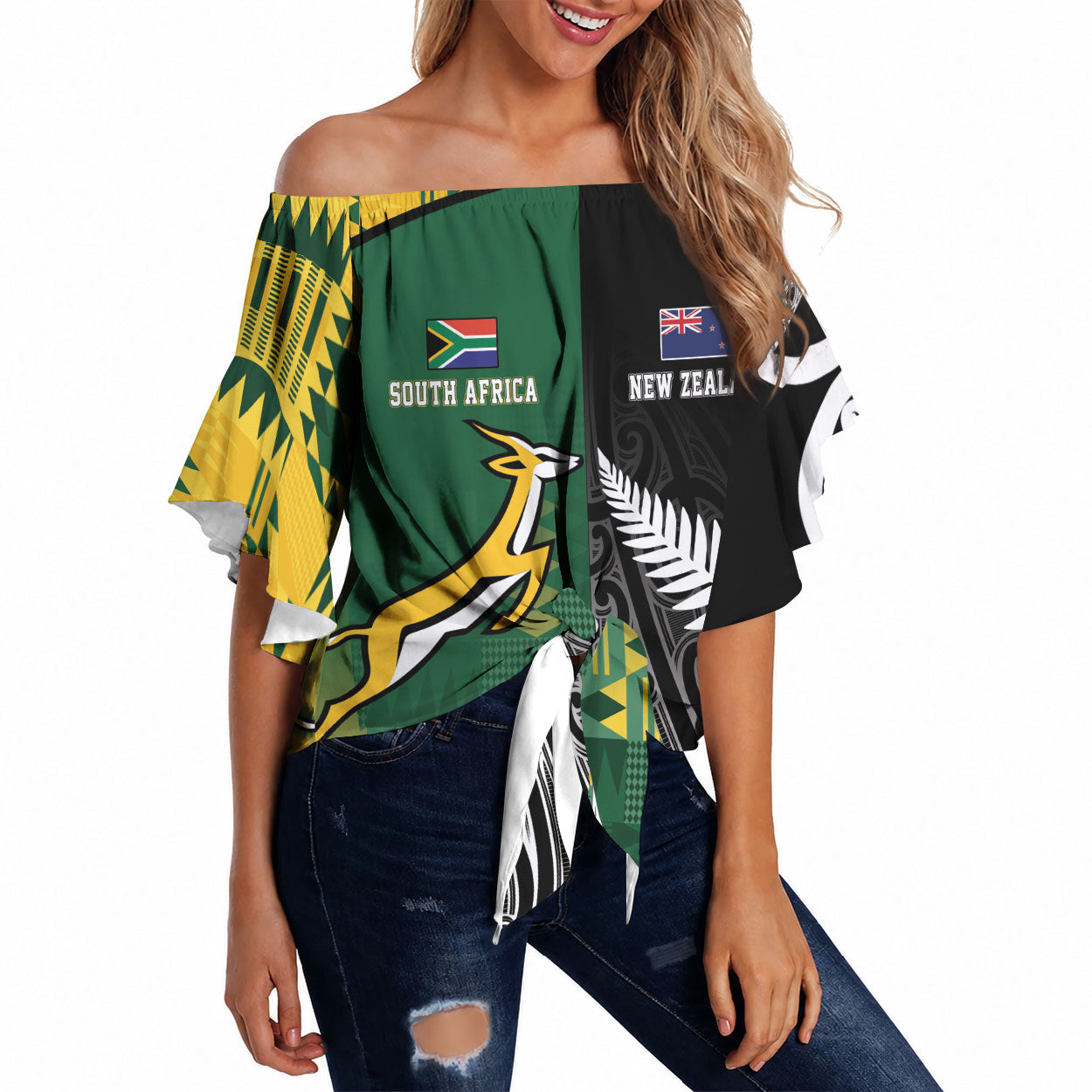 Custom Rugby South Africa New Zealand Greatest Rivals Off Shoulder Wrap Waist Top Tribal Motifs LT7 Multicolor - Polynesian Pride