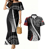 Aotearoa Maori Rugby Custom Couples Matching Mermaid Dress and Hawaiian Shirt Kapa O Pango LT7 Black - Polynesian Pride