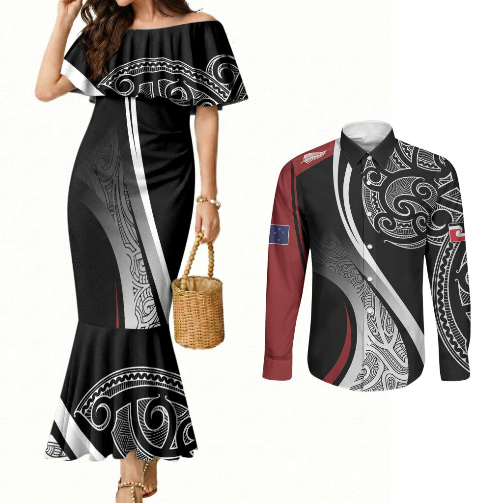 Aotearoa Maori Rugby Custom Couples Matching Mermaid Dress and Long Sleeve Button Shirt Kapa O Pango LT7 Black - Polynesian Pride