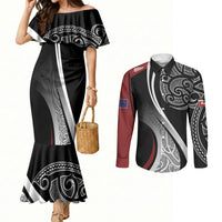 Aotearoa Maori Rugby Custom Couples Matching Mermaid Dress and Long Sleeve Button Shirt Kapa O Pango LT7 Black - Polynesian Pride