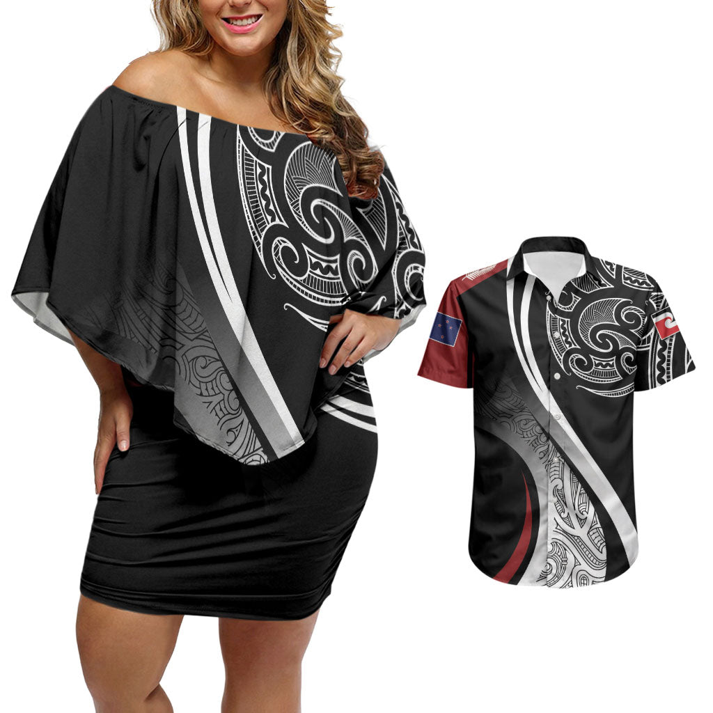 Aotearoa Maori Rugby Custom Couples Matching Off Shoulder Short Dress and Hawaiian Shirt Kapa O Pango LT7 Black - Polynesian Pride