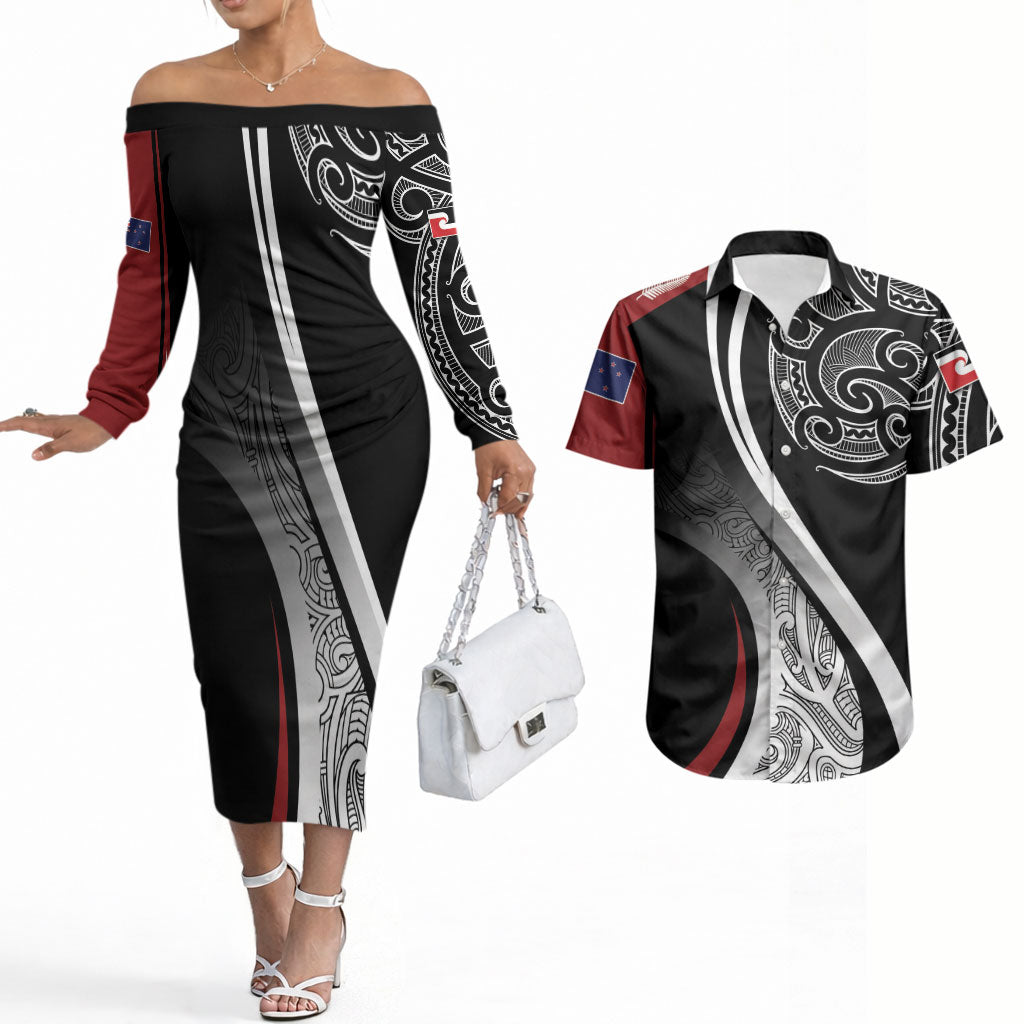 Aotearoa Maori Rugby Custom Couples Matching Off The Shoulder Long Sleeve Dress and Hawaiian Shirt Kapa O Pango LT7 Black - Polynesian Pride
