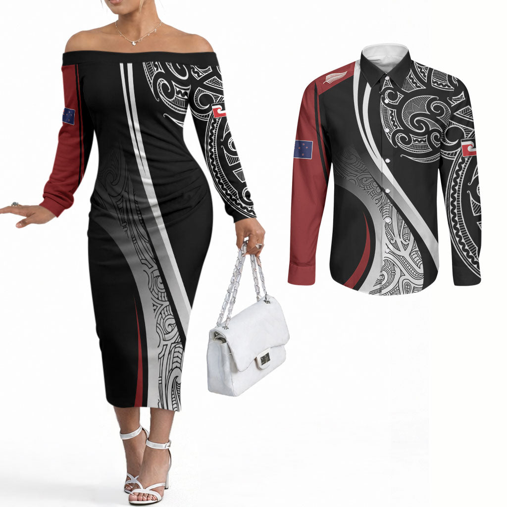 Aotearoa Maori Rugby Custom Couples Matching Off The Shoulder Long Sleeve Dress and Long Sleeve Button Shirt Kapa O Pango LT7 Black - Polynesian Pride