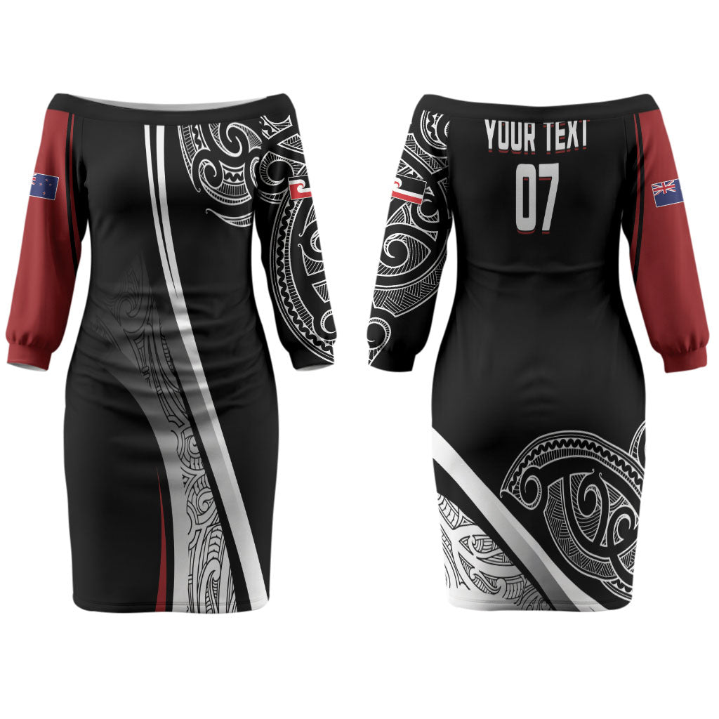 Aotearoa Maori Rugby Custom Couples Matching Off The Shoulder Long Sleeve Dress and Long Sleeve Button Shirt Kapa O Pango LT7 - Polynesian Pride