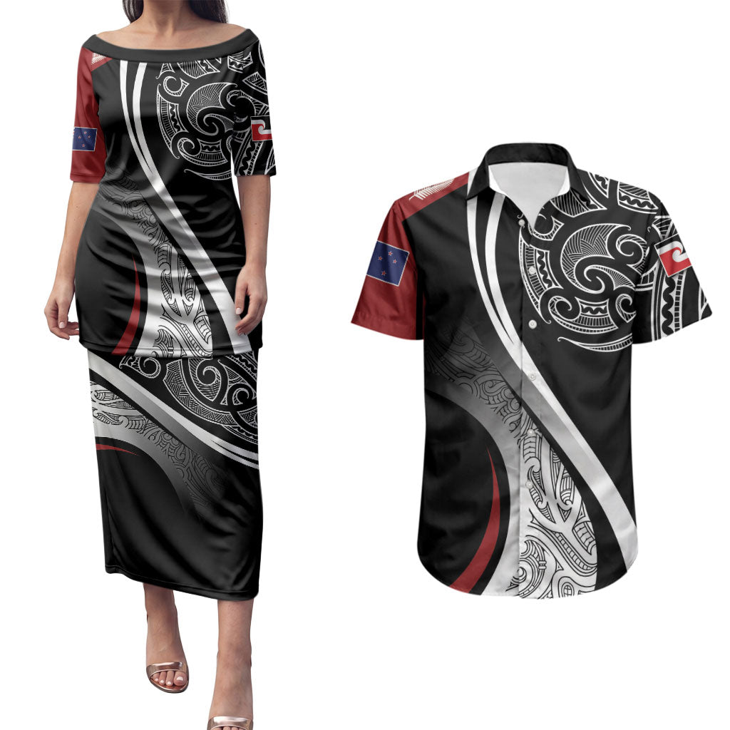 Aotearoa Maori Rugby Custom Couples Matching Puletasi and Hawaiian Shirt Kapa O Pango LT7 Black - Polynesian Pride