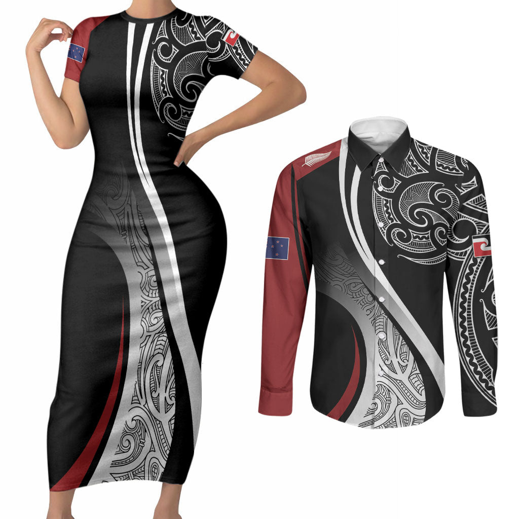 Aotearoa Maori Rugby Custom Couples Matching Short Sleeve Bodycon Dress and Long Sleeve Button Shirt Kapa O Pango LT7 Black - Polynesian Pride