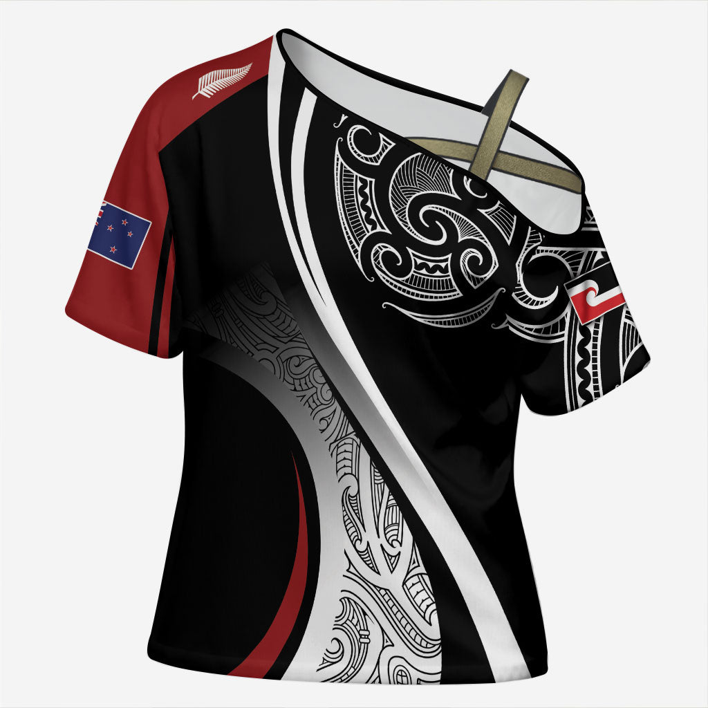 Aotearoa Maori Rugby Custom Cross Shoulder Shirt Kapa O Pango LT7 Female Black - Polynesian Pride