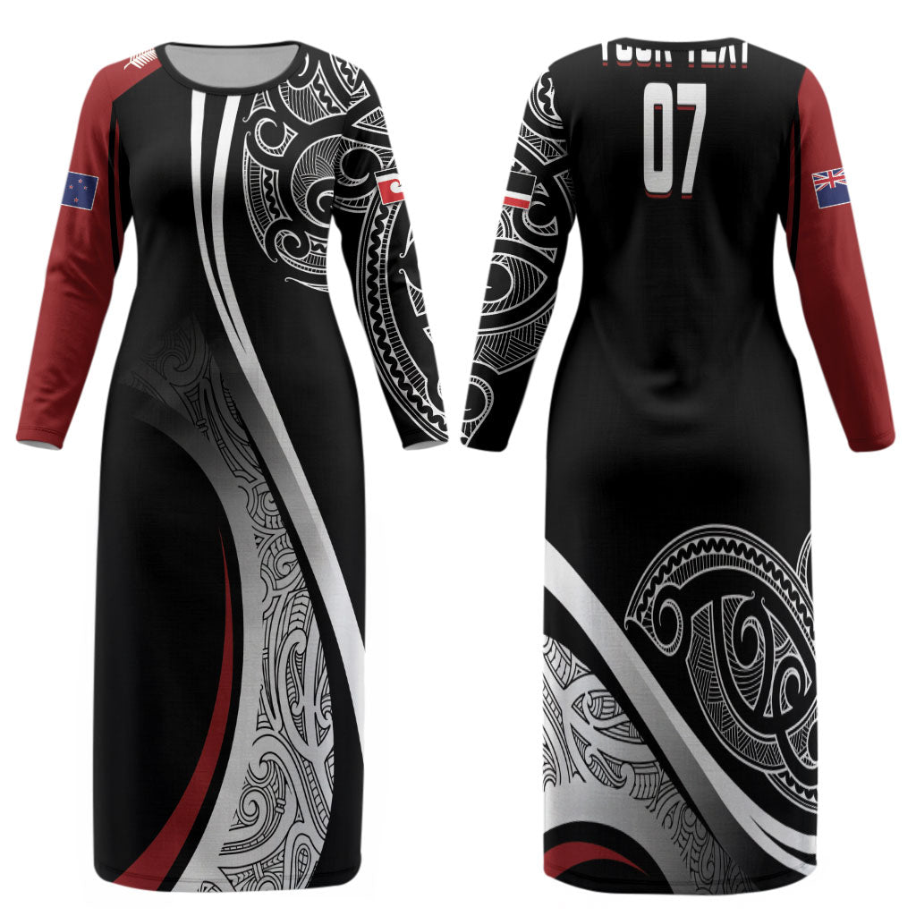 Aotearoa Maori Rugby Custom Family Matching Long Sleeve Bodycon Dress and Hawaiian Shirt Kapa O Pango LT7 Mom's Dress Black - Polynesian Pride