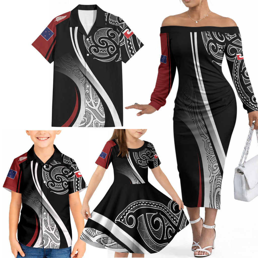 Aotearoa Maori Rugby Custom Family Matching Off The Shoulder Long Sleeve Dress and Hawaiian Shirt Kapa O Pango LT7 - Polynesian Pride