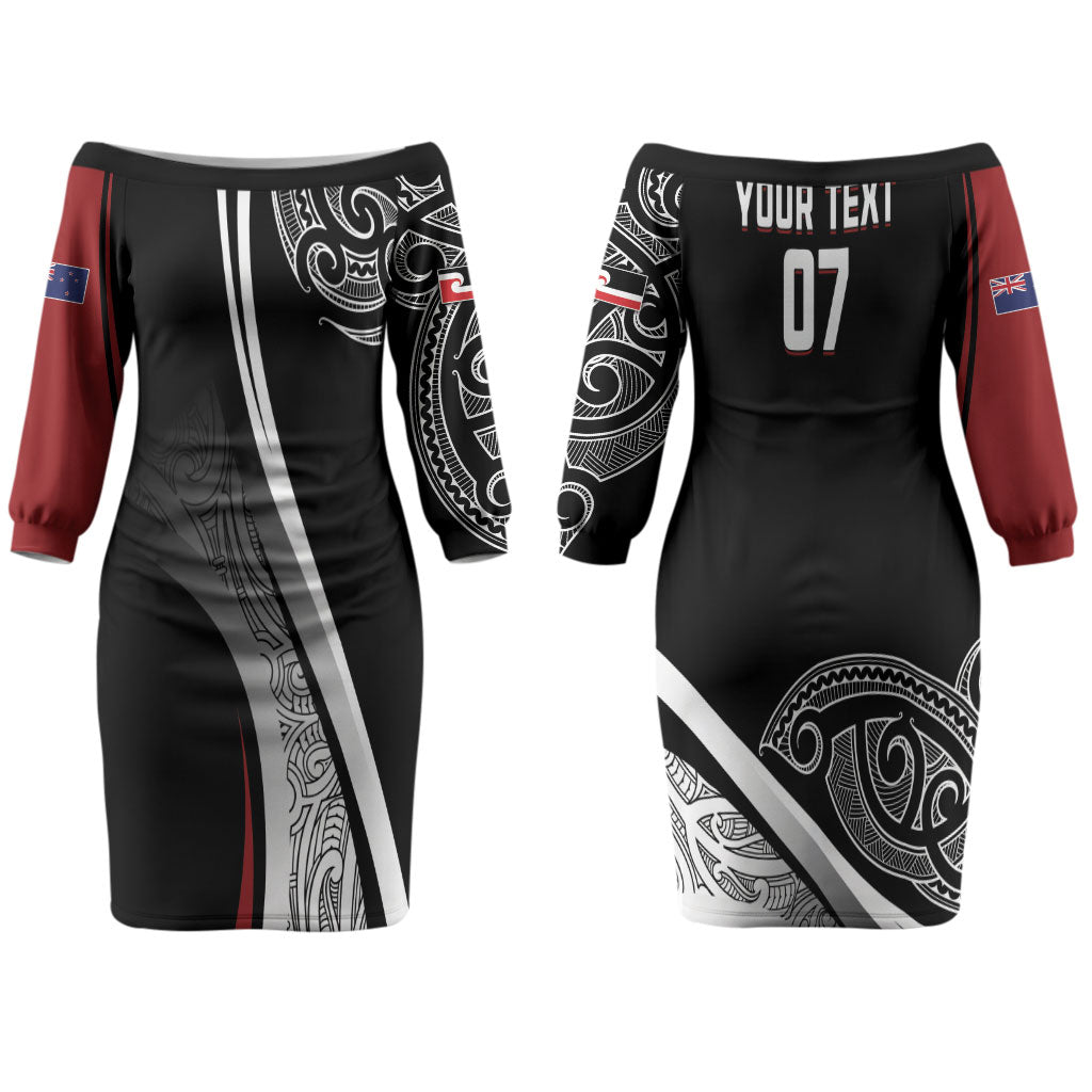 Aotearoa Maori Rugby Custom Family Matching Off The Shoulder Long Sleeve Dress and Hawaiian Shirt Kapa O Pango LT7 Mom's Dress Black - Polynesian Pride