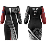 Aotearoa Maori Rugby Custom Family Matching Off The Shoulder Long Sleeve Dress and Hawaiian Shirt Kapa O Pango LT7 Mom's Dress Black - Polynesian Pride