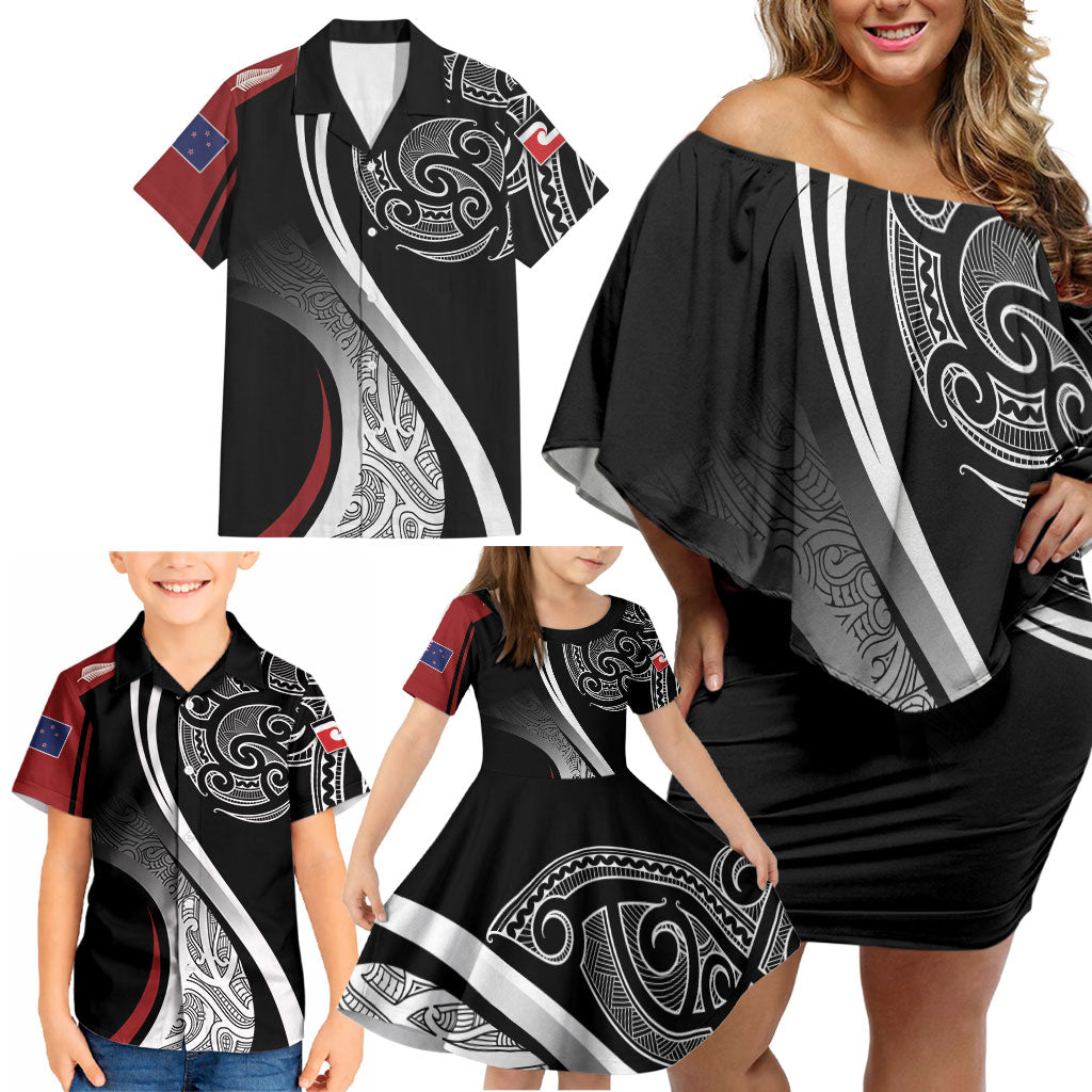 Aotearoa Maori Rugby Custom Family Matching Off Shoulder Short Dress and Hawaiian Shirt Kapa O Pango LT7 - Polynesian Pride