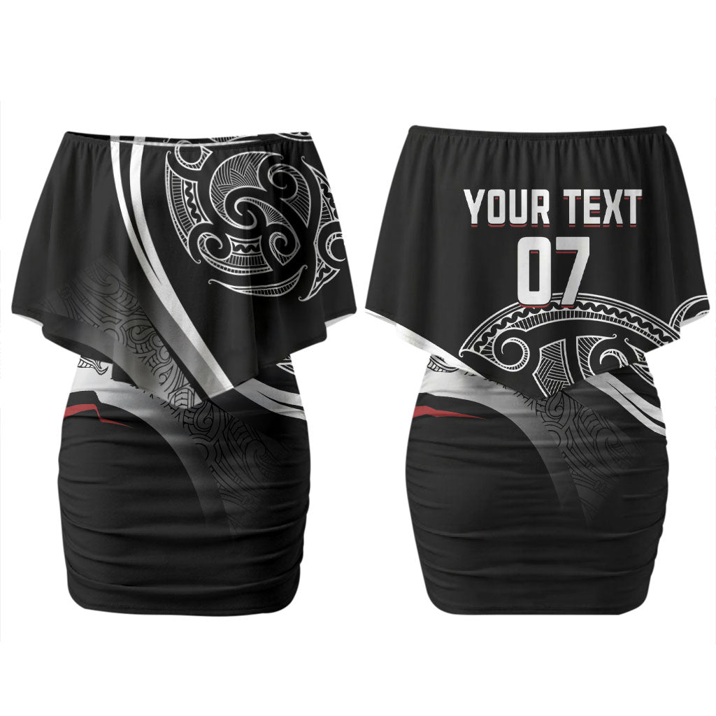 Aotearoa Maori Rugby Custom Family Matching Off Shoulder Short Dress and Hawaiian Shirt Kapa O Pango LT7 Mom's Dress Black - Polynesian Pride
