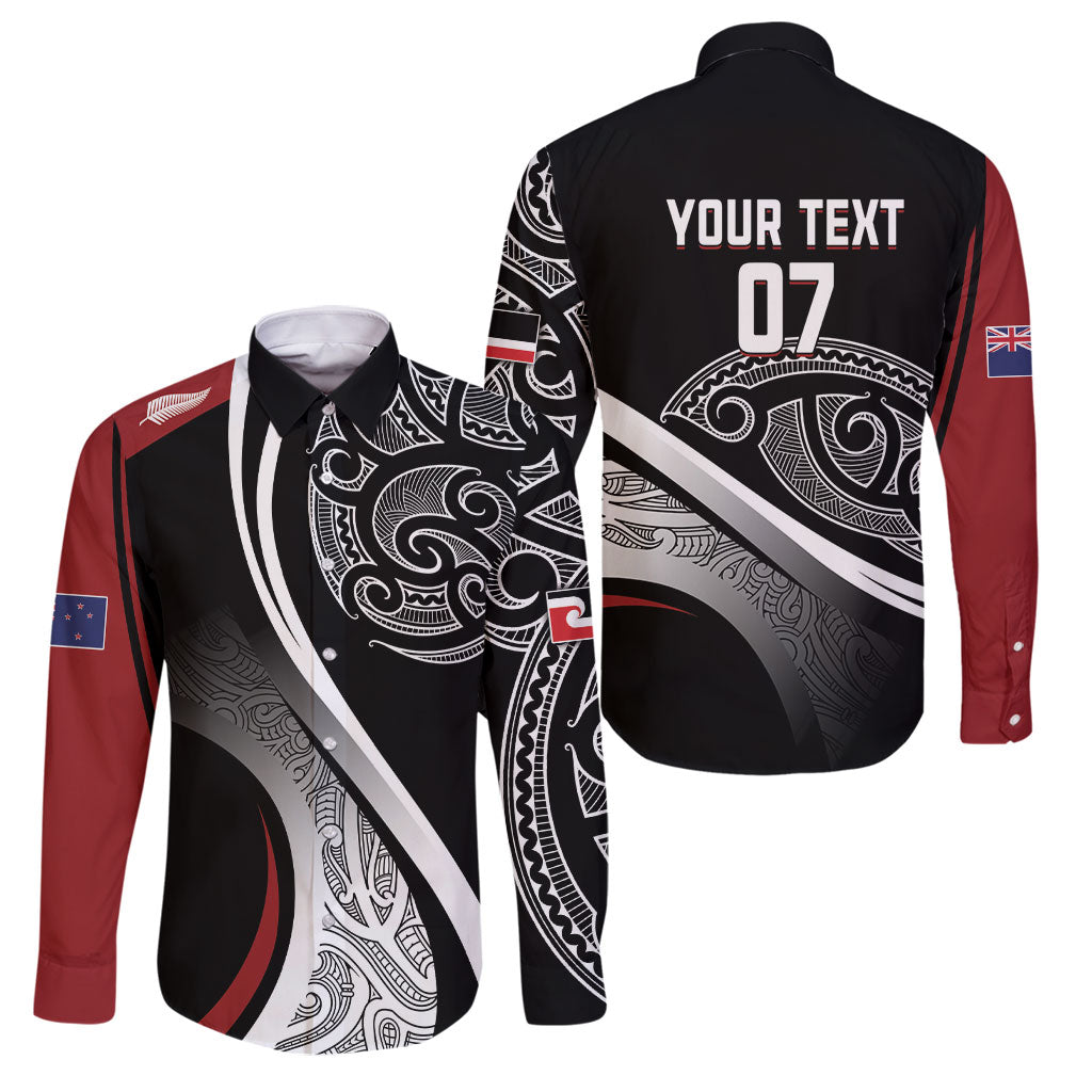 Aotearoa Maori Rugby Custom Family Matching Off Shoulder Short Dress and Hawaiian Shirt Kapa O Pango LT7 Dad's Shirt - Long Sleeve Black - Polynesian Pride