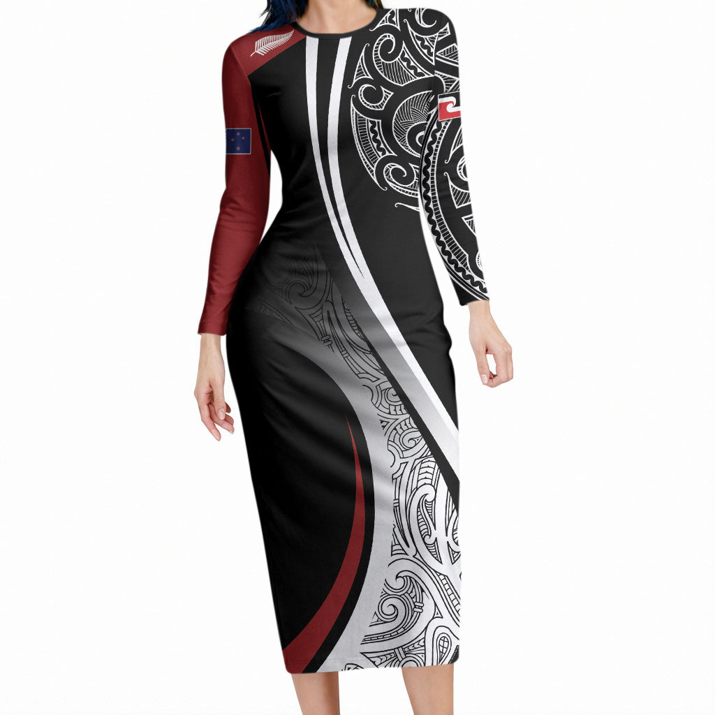 Aotearoa Maori Rugby Custom Long Sleeve Bodycon Dress Kapa O Pango LT7 Long Dress Black - Polynesian Pride