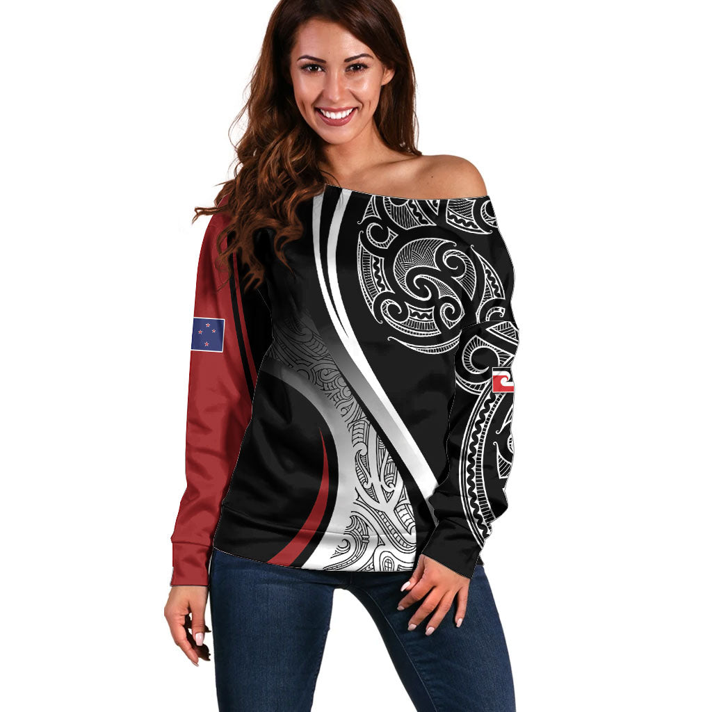 Aotearoa Maori Rugby Custom Off Shoulder Sweater Kapa O Pango LT7 Women Black - Polynesian Pride